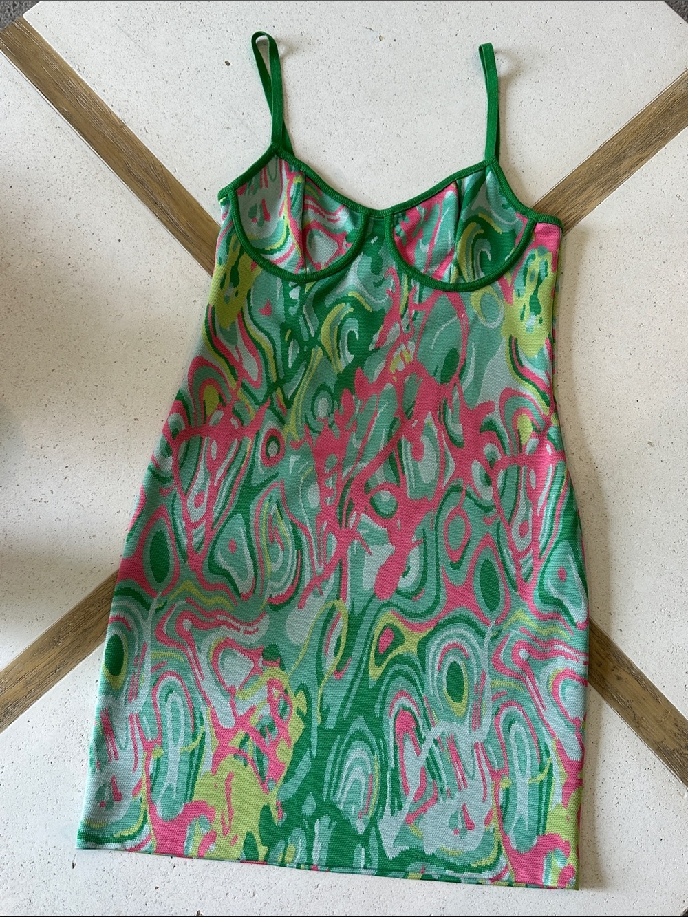 ZARA pink & green patterned mini dress